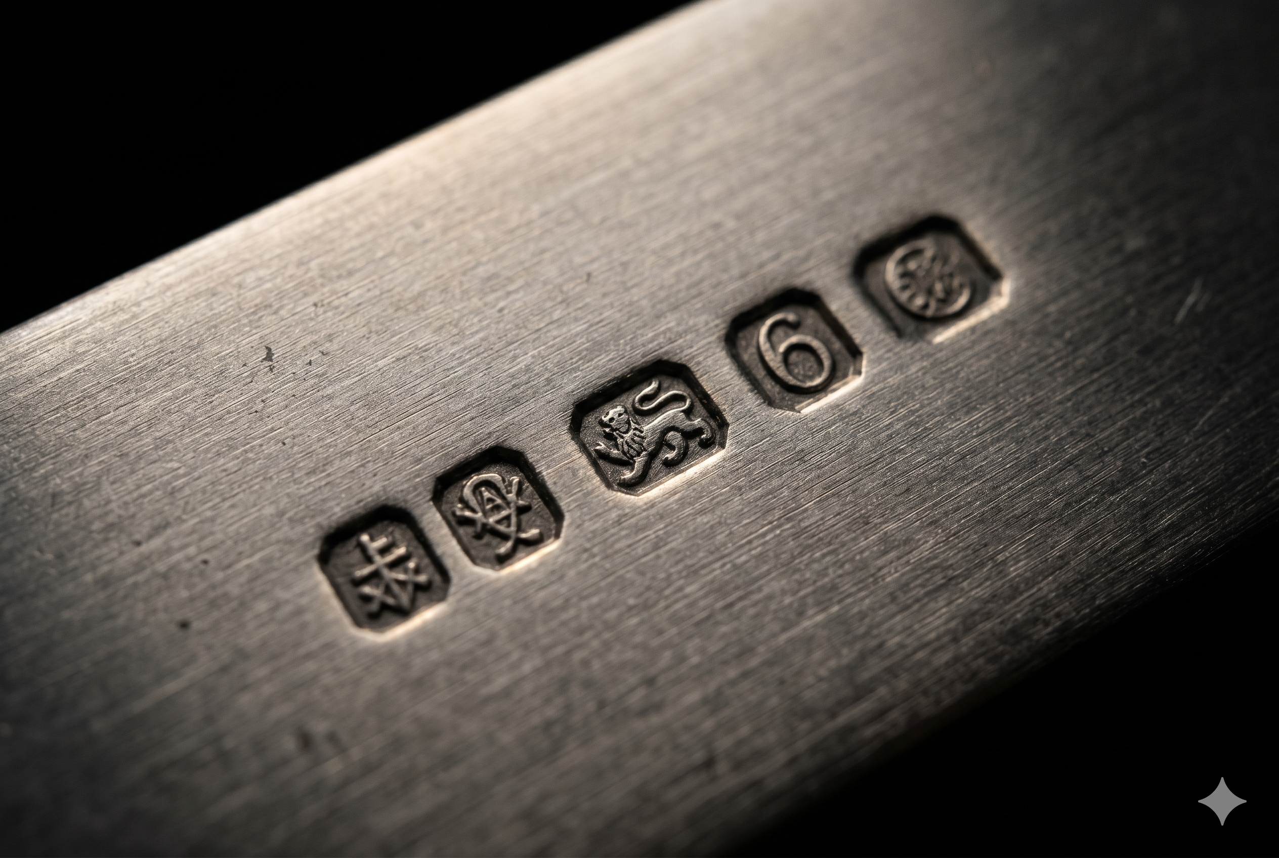 A hallmark struck into brushed metal, connoting verified authenticity