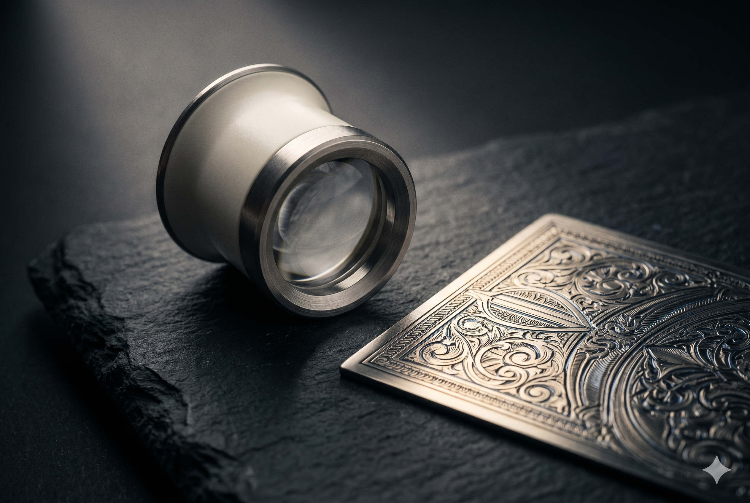 A jeweller's loupe resting beside a finely engraved metal plate