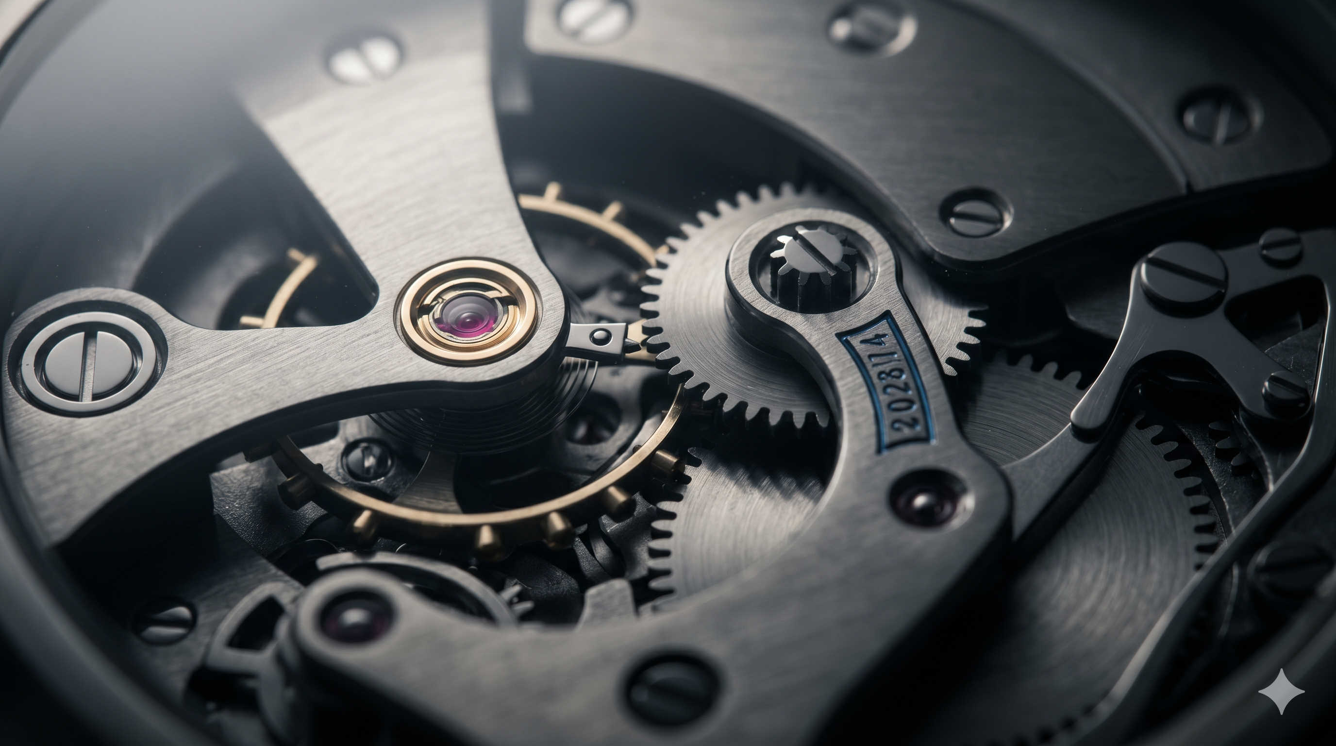 Macro view of a precision mechanism with interlocking machined components at watchmaking tolerances