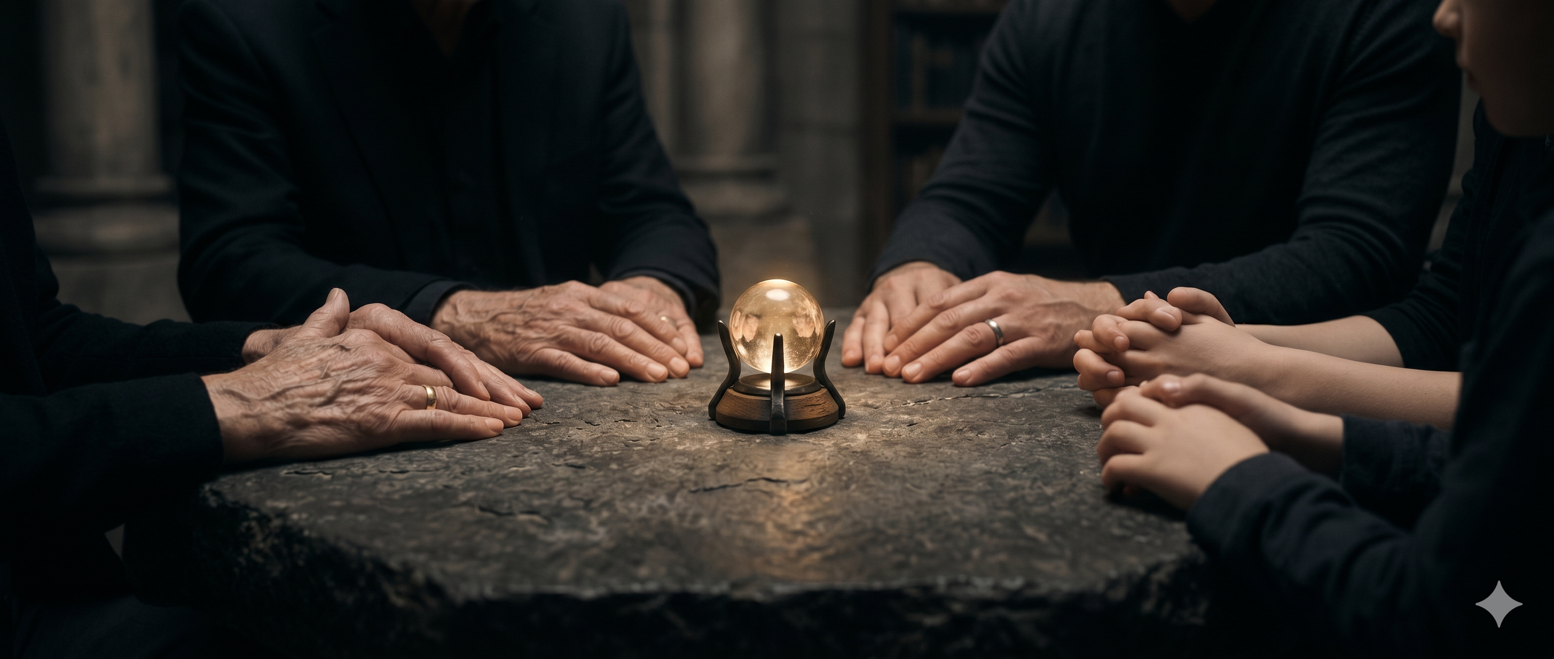 Several generations of hands resting on a stone table around a single glowing object in warm candlelight