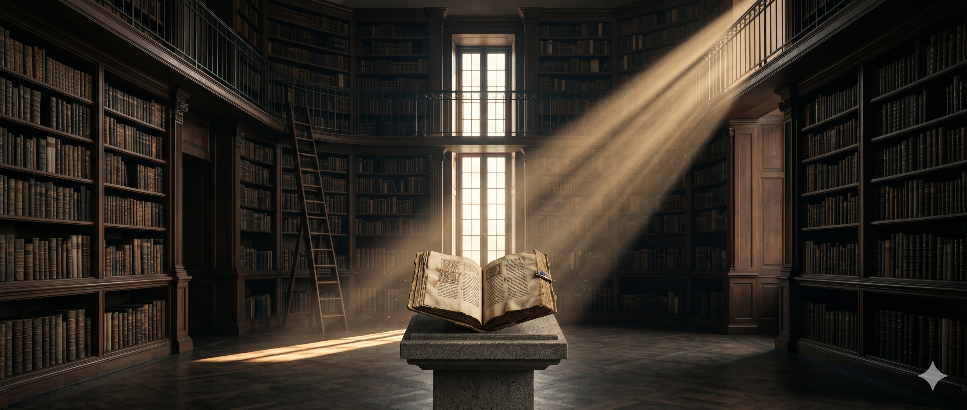 An old estate library at golden hour, a single object on a central plinth catching the last light