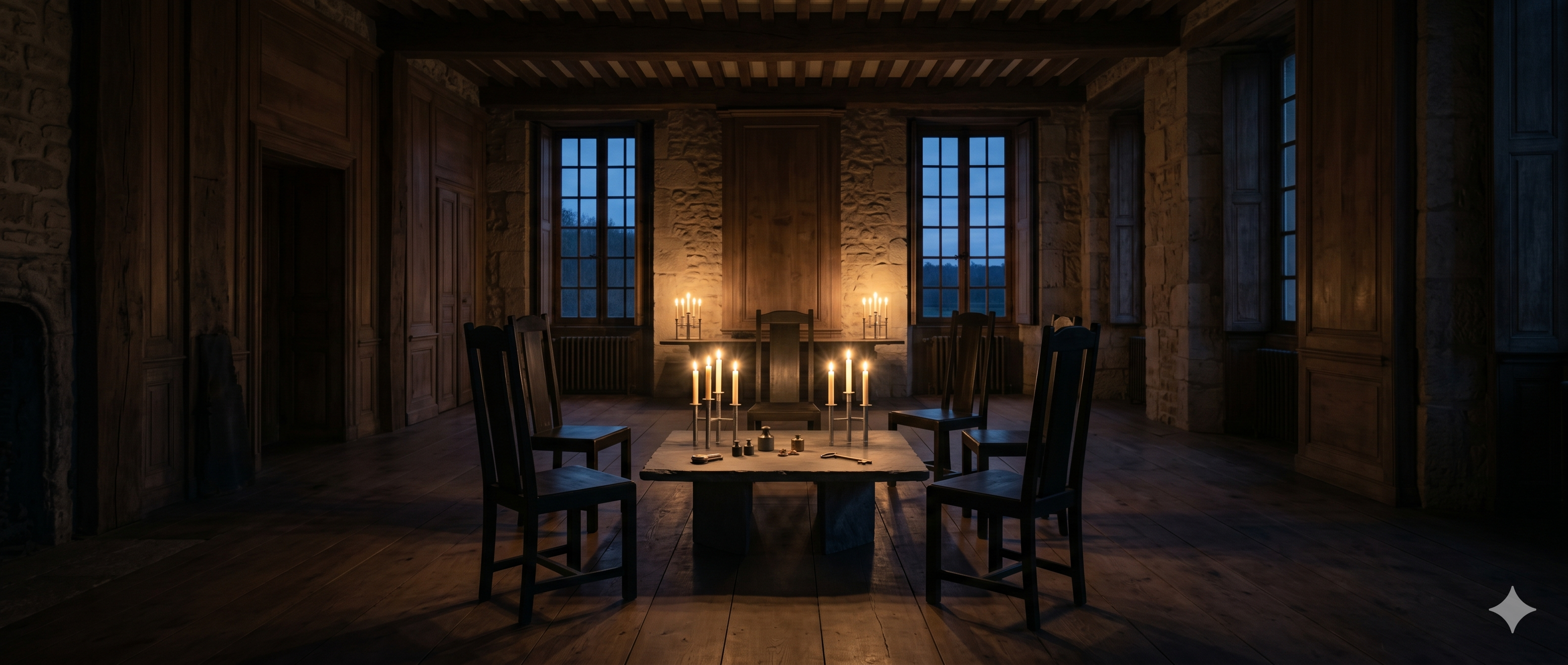 A candlelit private room at dusk, an empty circle of chairs around a table holding small objects
