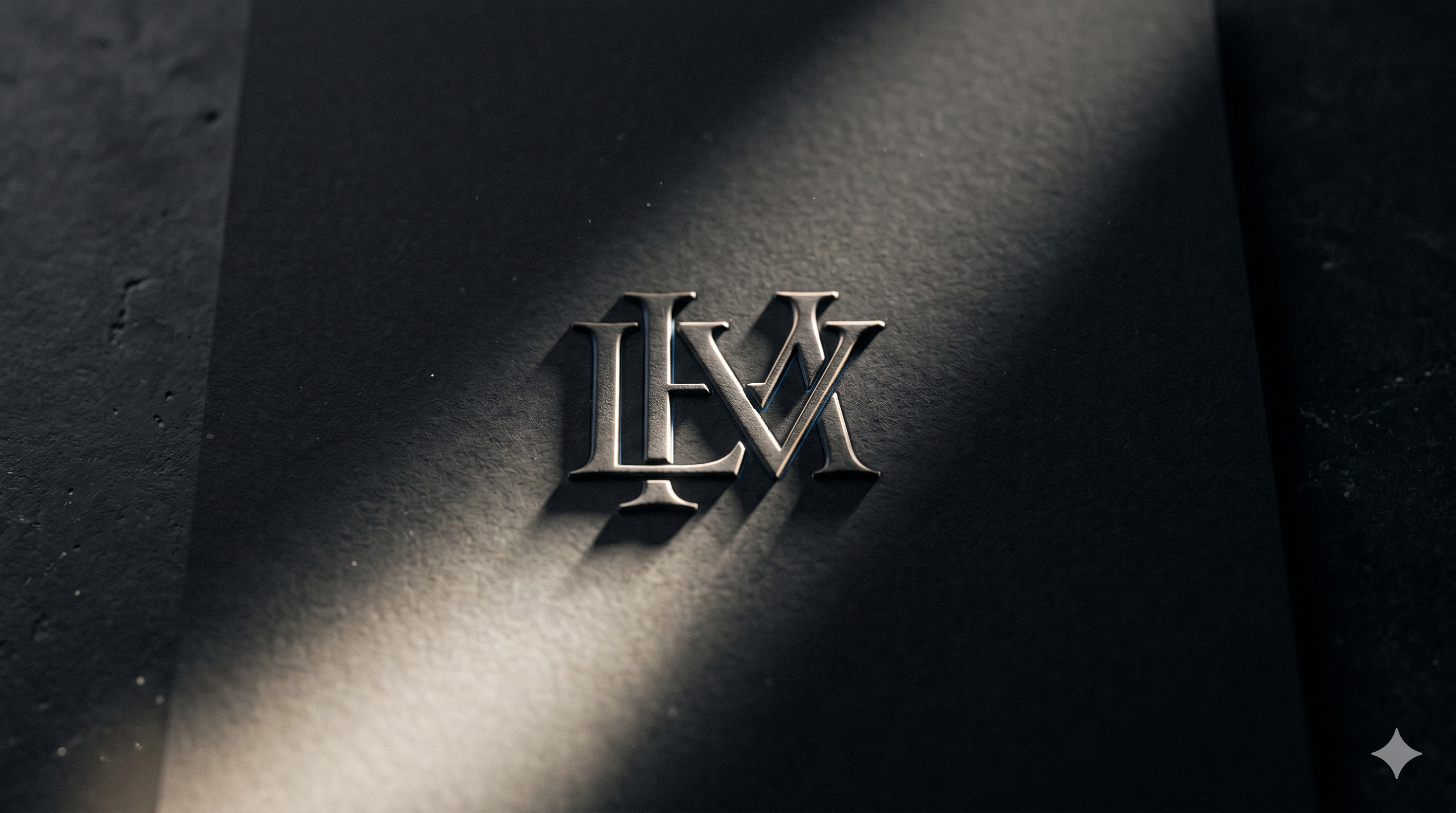 An embossed monogram seal catching a shaft of light on heavy dark stock
