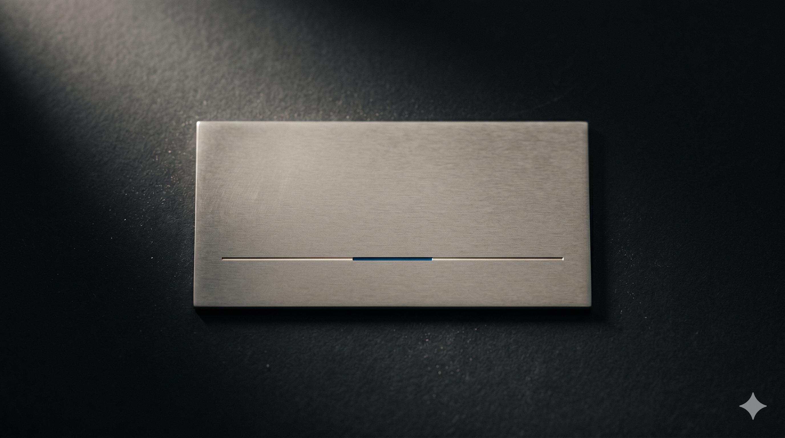 A brushed metal plate engraved with a single fine hairline rule