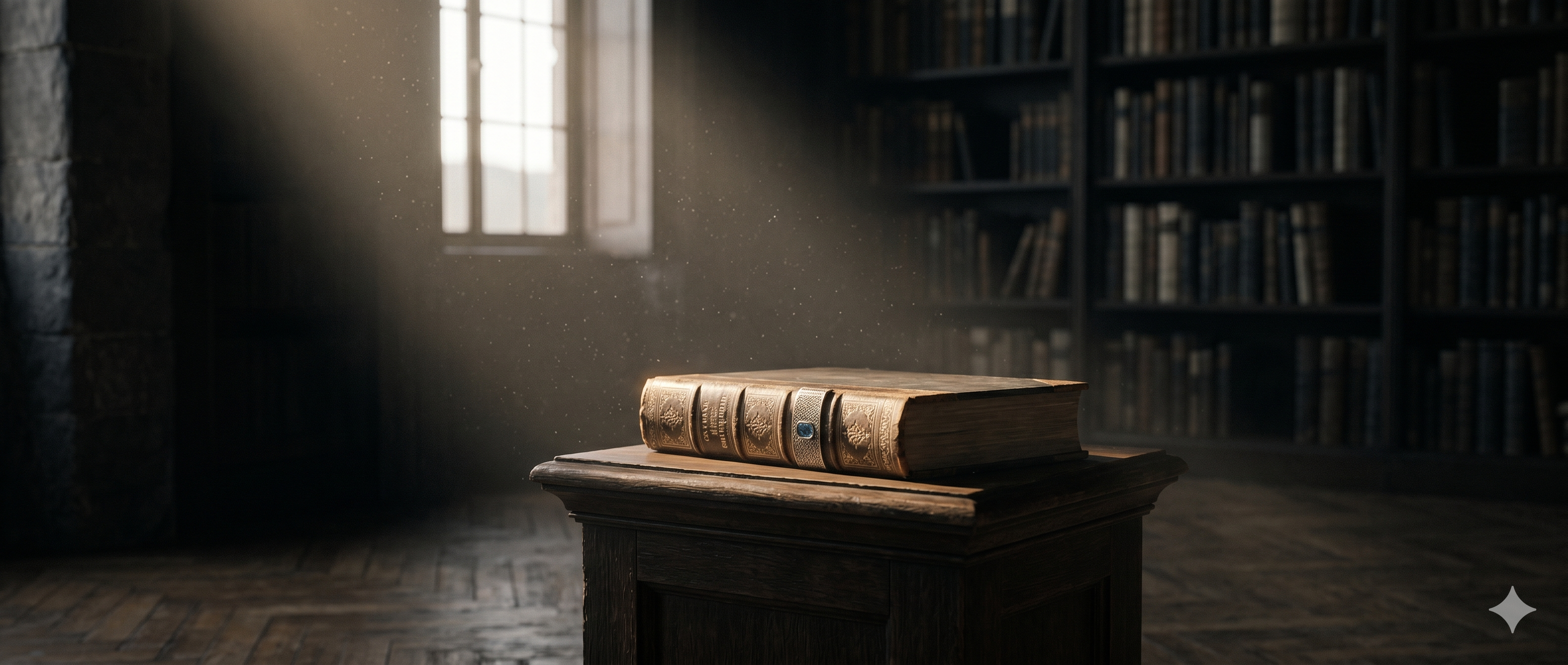 An illuminated antique book resting on a wooden pedestal in a quiet library