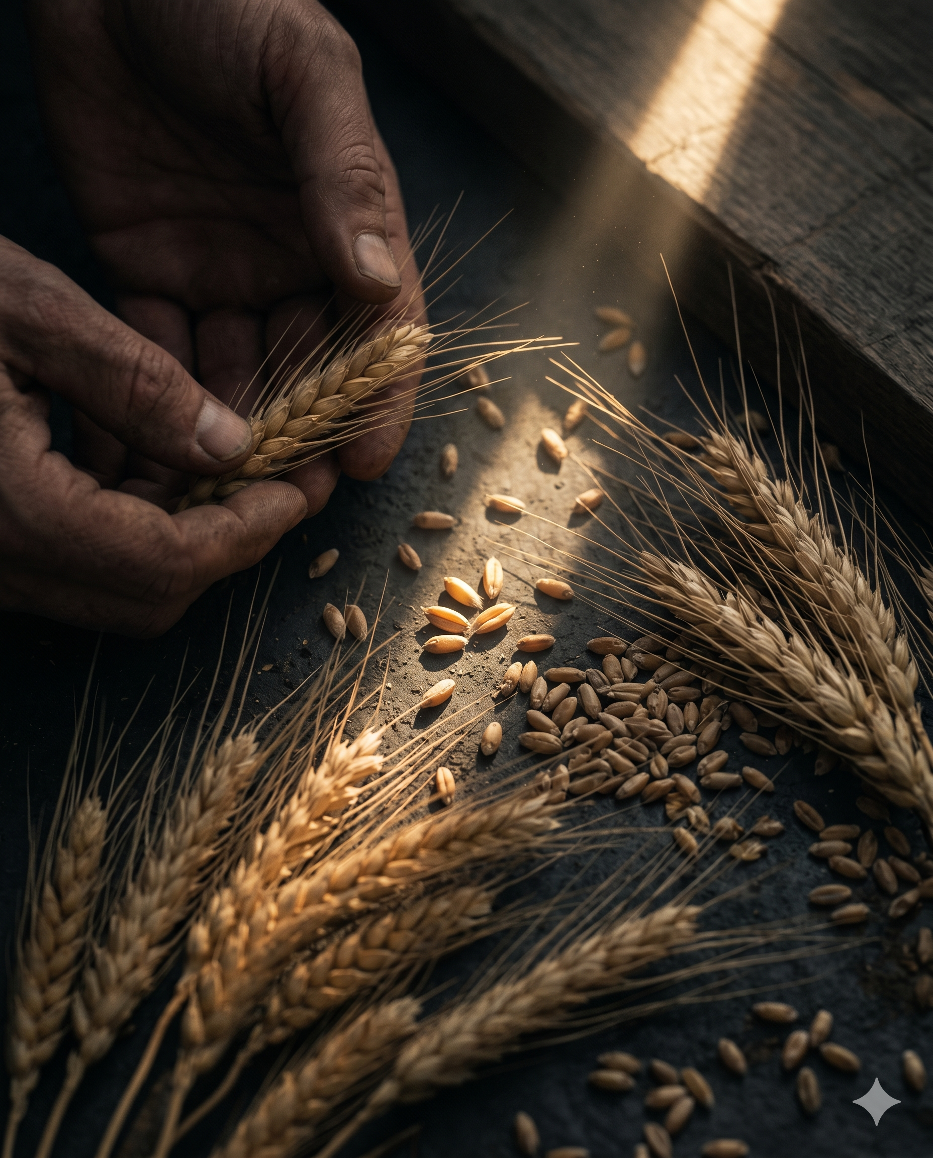 Weathered hands holding ripe ears of grain in a shaft of warm light