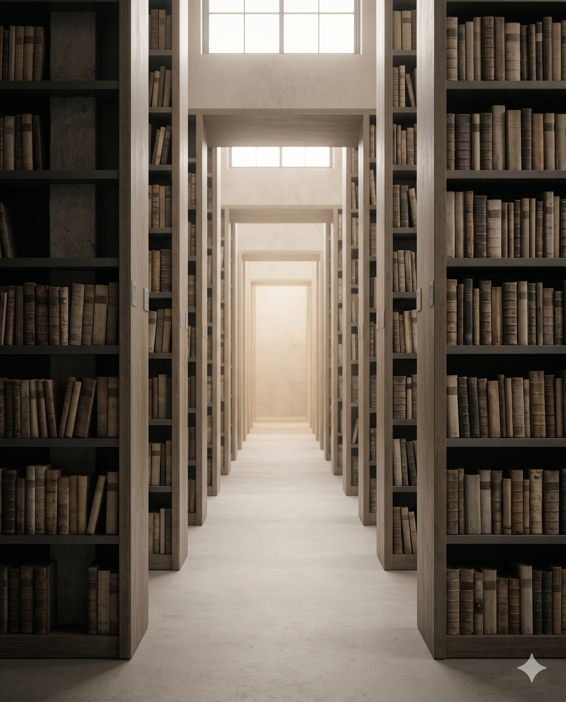 A vast archival hall of tall shelves dissolving into soft light