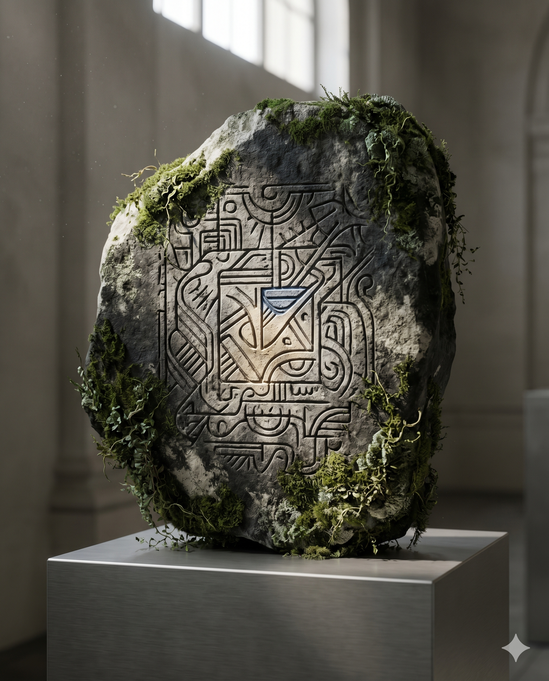 An ancient engraved stone tablet edged with green moss on a plinth