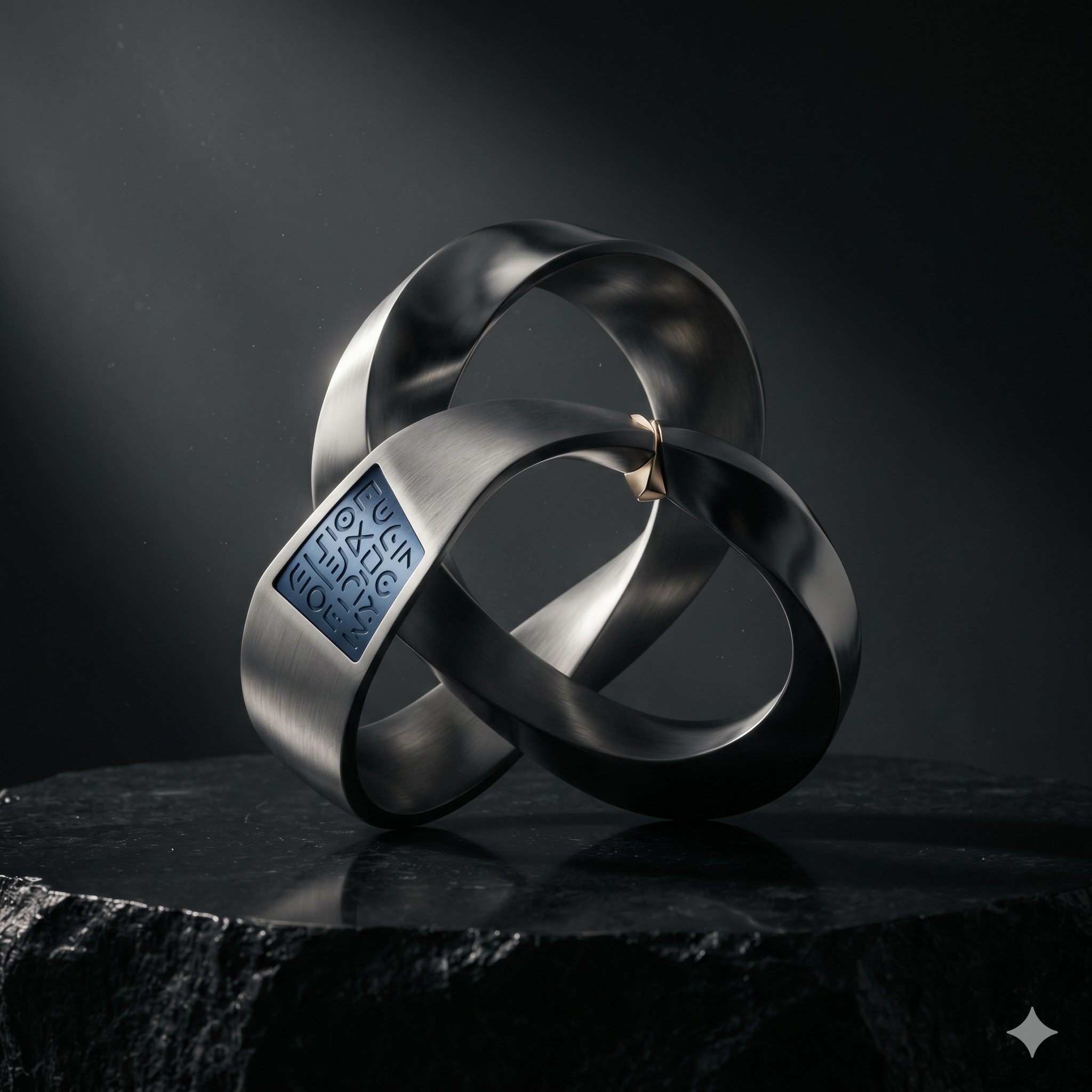 Sculptural titanium rings with sapphire key engraving