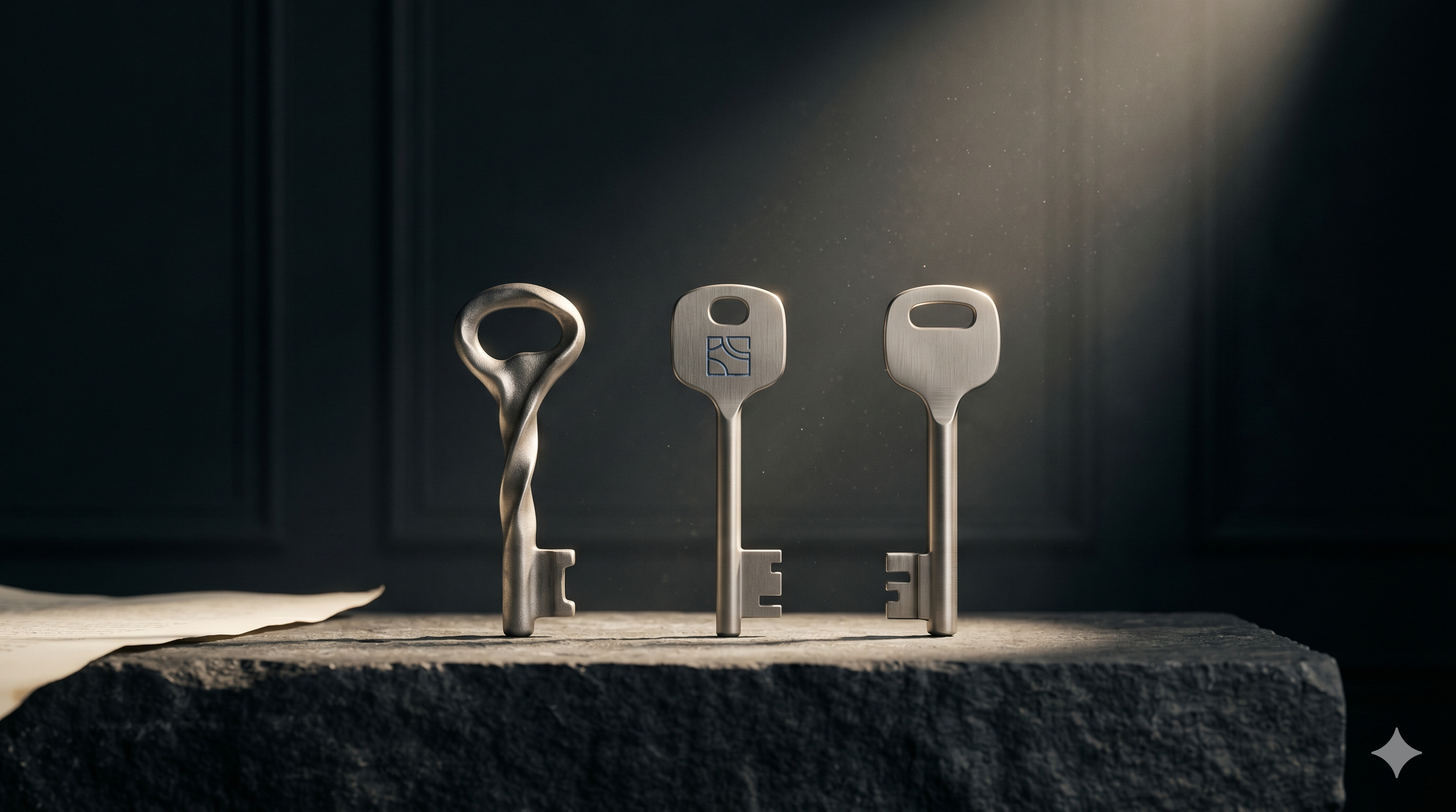 Three bronze and silver keys with geometric engravings