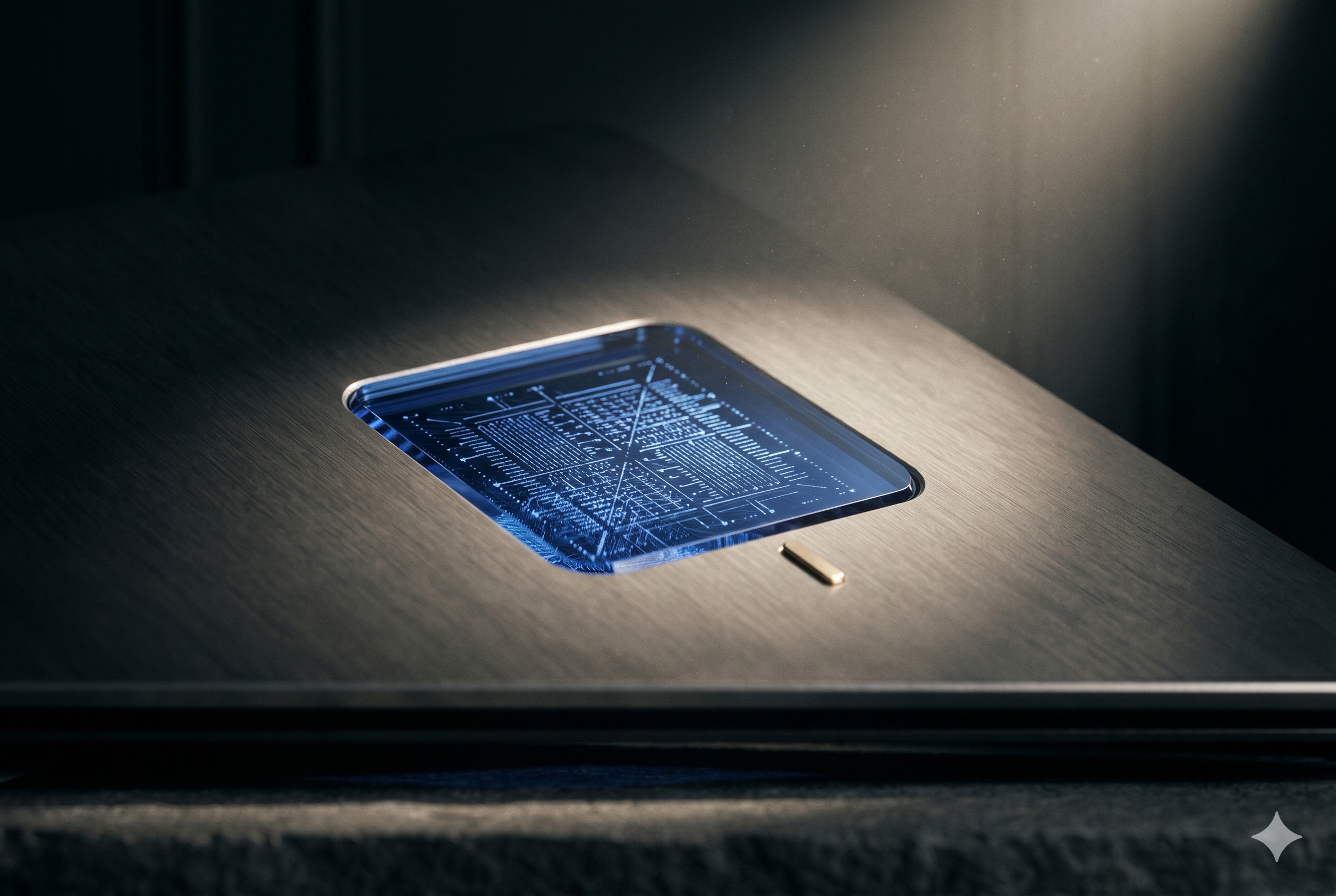 Sapphire-inlaid microchip on stone surface