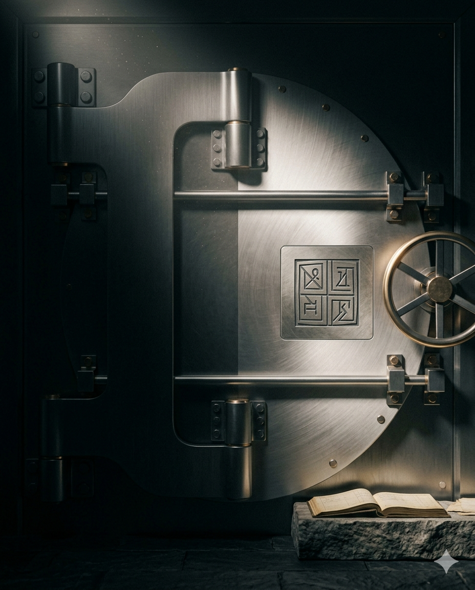 Polished steel vault door with combination lock